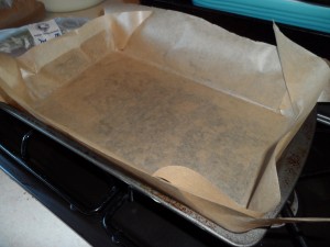 Line your tin with greaseproof; either a brownie or shallow rectangular tin