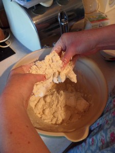 Rub between your finger tips until it resembles breadcrumbs