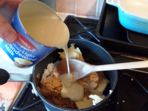 All the caramel ingredients in to a saucepan