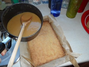 It should be of a fudge-like consistency...pour on to the cooled shortbread.